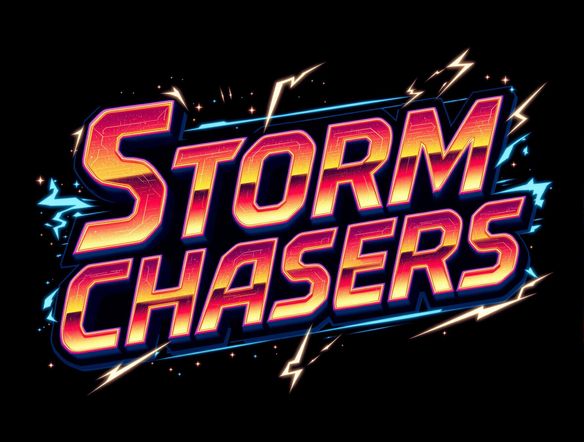 Create a logo featuring the text 'Storm Chasers' in a stylized, futuristic graphic font generator. The design should evoke speed and power, with lightning bolt accents and a dynamic color scheme. Capture the essence of a thrilling sports team.