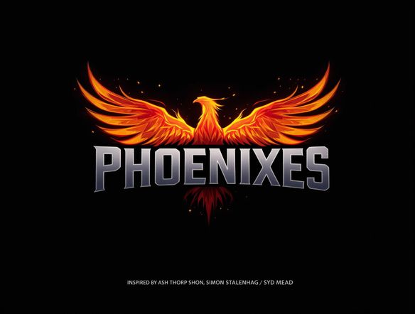 A dynamic team logo featuring bold, stylized text 'Phoenixes' with a fiery text effect generator, against a dark, smoky background. Modern, impactful design, capturing strength and determination.