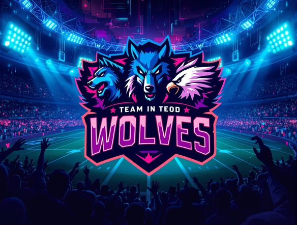 A dynamic team logo featuring stylized animals and bold typography, set against a backdrop of cheering fans in a digital stadium.