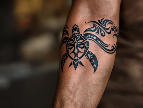 A close-up of a forearm displaying a newly inked Polynesian tattoo featuring bold black tribal lines, stylized waves, and a central turtle motif, set against a blurred background.