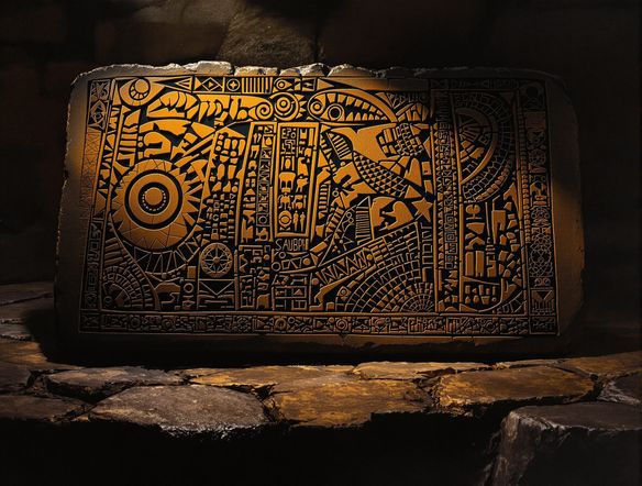An ancient stone tablet etched with intricate traditional Polynesian patterns, including geometric shapes and stylized animal figures, illuminated by torchlight, showcasing the depth and detail of Samoan tattoo art.