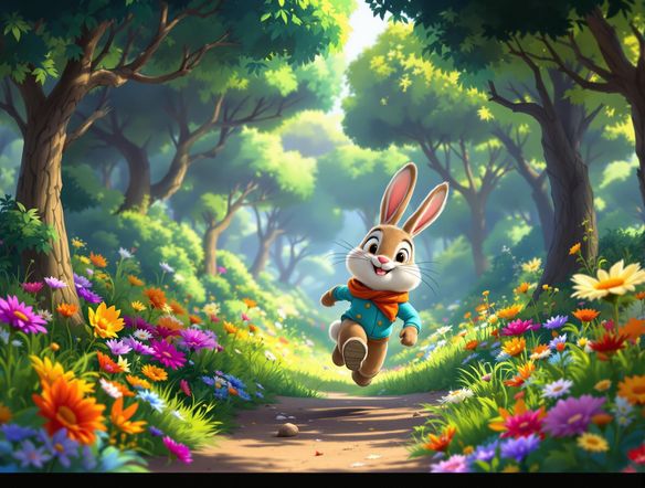 Create a short animated video featuring a cartoon character running through a vibrant forest. The character should have a distinct color scheme, refined using a histogram graph generator for optimal visual harmony. Include dynamic lighting and smooth transitions.