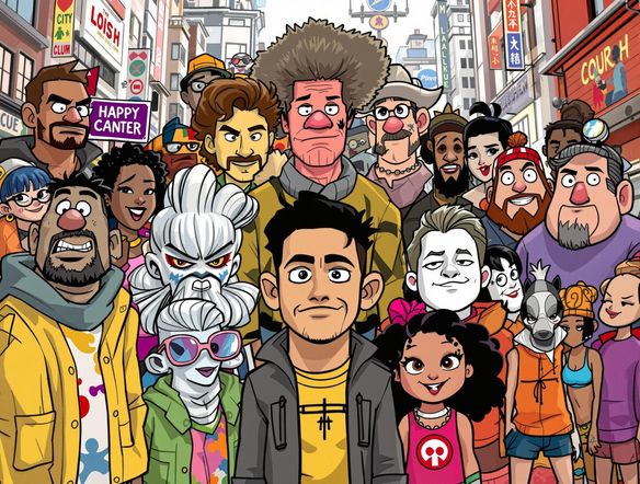 A diverse group of cartoon characters in a vibrant, bustling city, each with unique features and expressions, showcasing a range of styles.