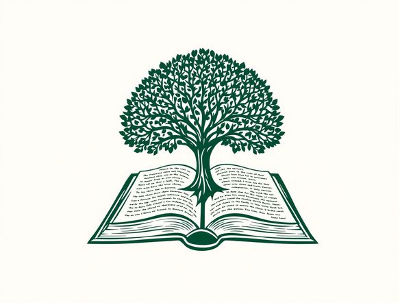 A majestic school logo featuring an open book overlaid with a stylized tree, symbolizing knowledge and growth. Use a classic and elegant design with a focus on clean lines and balanced composition. School colors: green and white.
