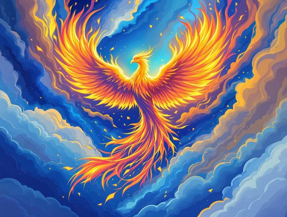 Animated school logo featuring a phoenix rising from flames, rendered in a vibrant, modern style. Use a looping animation with smooth transitions. Incorporate the school colors of blue and gold. Consider a gif generator from mp4 output.