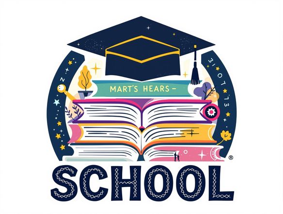 A vibrant and modern school logo featuring stylized books and a graduation cap, set against a clean, professional background.