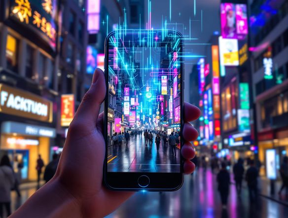 A city street scene viewed through a phone screen, with vibrant, glowing digital art overlaying buildings and pedestrians, creating a mixed reality art experience.