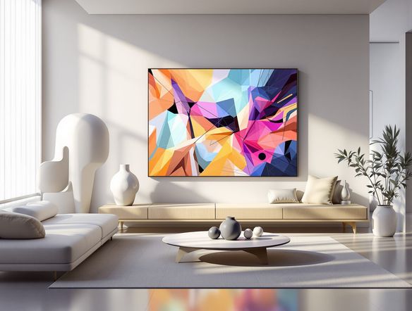 An interior living room with abstract, geometric sculptures and vibrant paintings appearing as virtual art display, viewed through a tablet screen, showcasing AR artwork creation.