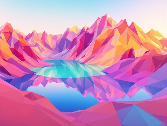 A vibrant low poly landscape with a stylized mountain range and a crystal clear lake, rendered in a clean, geometric style.
