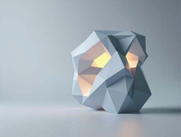An abstract 3D low poly sculpture composed of interlocking geometric shapes in a minimalist studio environment.