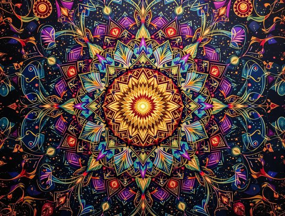 A vibrant, intricate mandala design with kaleidoscopic patterns, symmetrical balance, and a glowing center. Use a rich color palette with gold accents. High resolution, detailed.