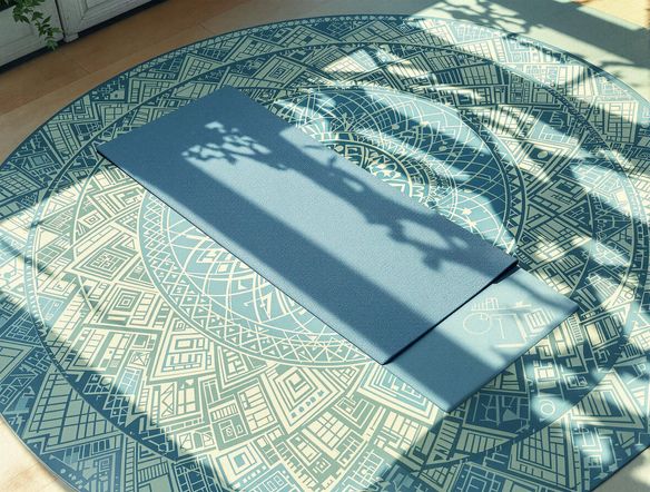 A high-resolution product photo featuring a yoga mat placed in the center of an intricately designed mandala. The mandala should complement the mat's color scheme, creating a sense of balance and tranquility. Soft, natural lighting.