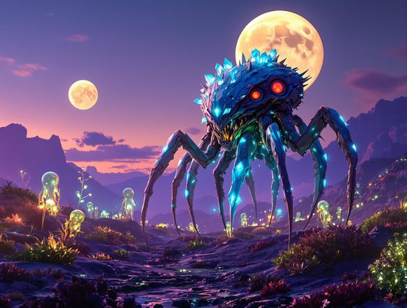 A highly detailed alien concept art piece showcasing a bioluminescent, six-legged creature with crystalline growths, standing on a vibrant alien planet at dusk. Concept art style.