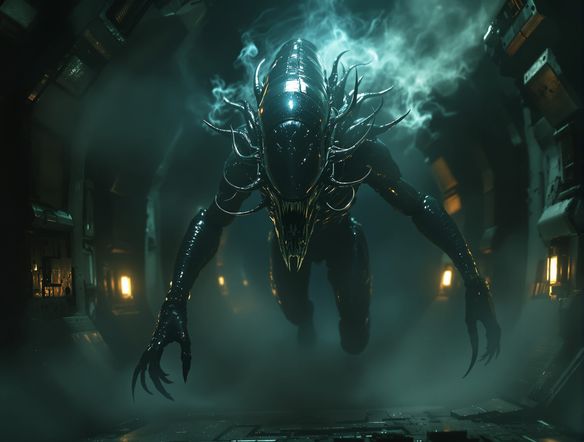 A terrifying, biomechanical alien creature, inspired by xenomorph art, emerging from a misty, derelict spaceship corridor, cinematic lighting, dark sci-fi atmosphere.