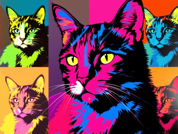 A vibrant pop art portrait of a cat, rendered in the style of Andy Warhol, with multiple color panels and bold outlines, resembling comic book art.