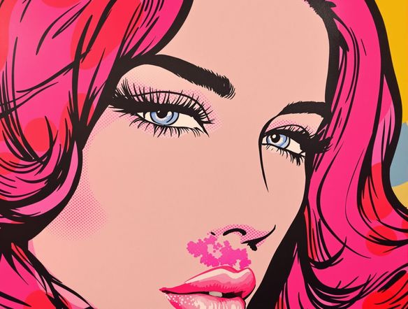 A close-up portrait of a woman with bright pink hair, showcasing the perfect pop art effect with bold colors and graphic lines, in the style of a free pop art creator.