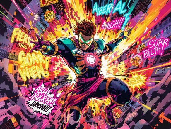 A dynamic comic strip featuring a superhero character whose speech bubbles display text generated with neon fonts. The comic panels should be vibrant and action-packed, showcasing the tool's ability to create engaging visual stories. Use a comic strip generator AI for inspiration.