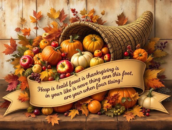 A cornucopia overflowing with autumn fruits and vegetables, surrounded by a banner with a Thanksgiving message in a warm, inviting font, set against a rustic wooden background.