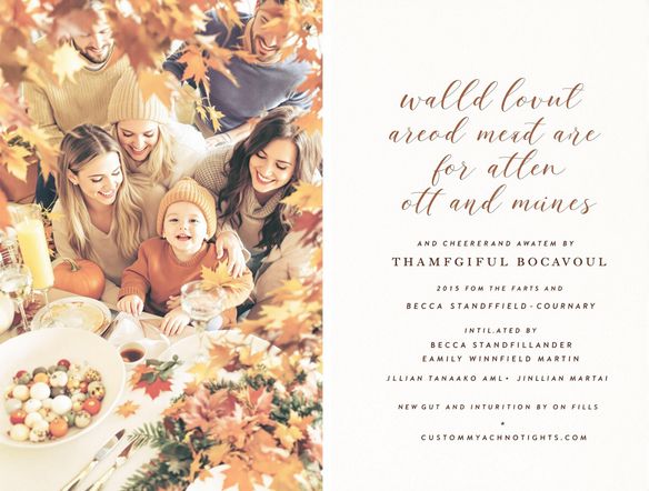 A Thanksgiving invitation featuring a custom-designed font with autumnal colors and leaf accents, showcasing a family gathering around a bountiful harvest table. Warm lighting, elegant script.