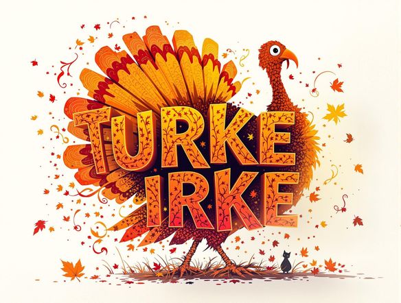 A movie logo for a Thanksgiving-themed animated film, featuring a playful turkey silhouette incorporated into the typography. Bright, cheerful colors, dynamic composition.