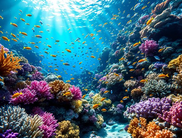 A vibrant coral reef teeming with colorful fish, sunlight filtering through the clear turquoise water, detailed, photorealistic, wide-angle shot, high resolution, trending on artstation.