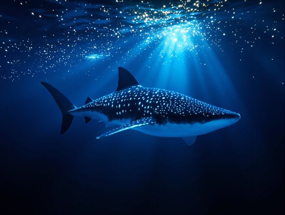 A majestic whale shark swimming in the deep blue ocean, bioluminescent plankton glowing around it, shafts of light penetrating the darkness, hyperrealistic, cinematic lighting, 8k, National Geographic style.