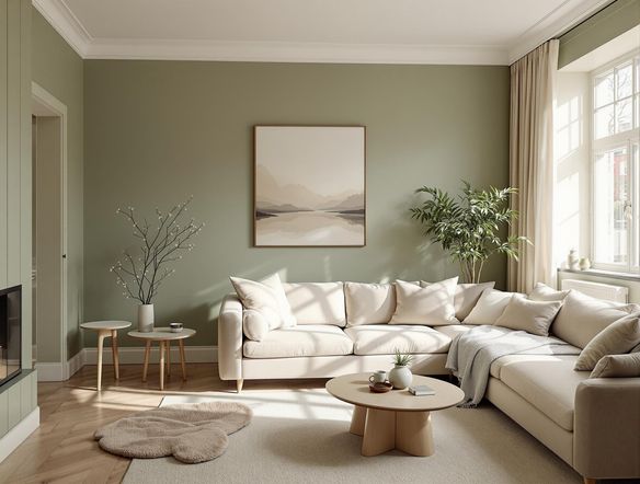 An interior design rendering featuring a living room with walls painted in a soft, muted green. Accents of warm beige and natural wood tones create a cozy and inviting atmosphere. Sunlight streams through a window, highlighting the subtle color variations.