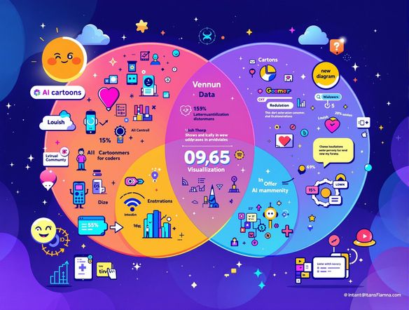 A Venn diagram illustrating the overlap between 'AI', 'Cartoons', and 'Data Visualization', stylized as a vibrant, educational cartoon. Use a free ai cartoon generator style, simple and engaging. High resolution, colorful.