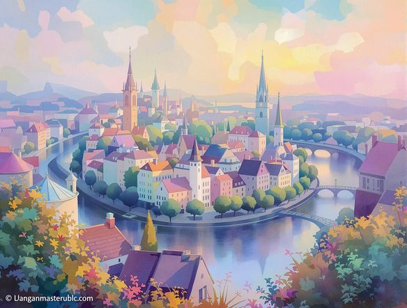 A vibrant cityscape rendered in a soft, impressionistic pastel style, showcasing smooth color blends and textured strokes. Digital art, masterpiece quality.