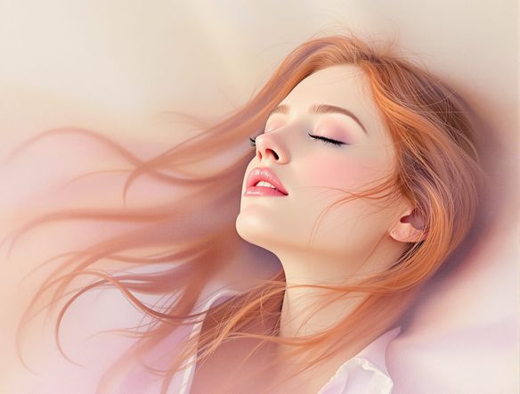 A serene portrait of a woman with flowing hair, rendered with a soft pastel filter, evoking a dreamy and ethereal atmosphere. Delicate color palette, artistic texture.