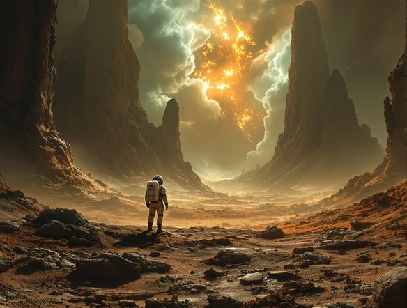 A wide cinematic shot of a lone astronaut on a desolate alien planet, dramatic lighting, detailed environment, concept art for a science fiction film.
