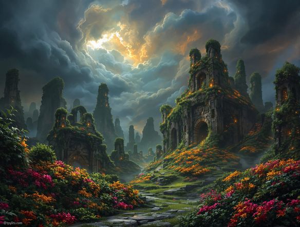Epic fantasy landscape digital painting, ancient ruins overgrown with glowing flora, dramatic storm clouds, highly detailed, concept art style.