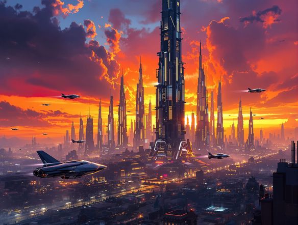 Epic cinematic concept art of a futuristic city skyline at sunset, with flying vehicles and towering skyscrapers, rendered in a painterly style.