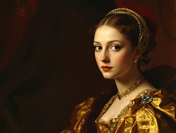 A noblewoman in opulent Venetian Renaissance attire, gazing serenely, rendered in the style of Titian, with soft, diffused light.