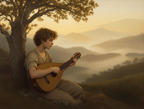 A young shepherd playing a lute in a serene, misty landscape, rendered in the soft, atmospheric, and slightly melancholic Giorgione painting style, Bellini portrait AI.