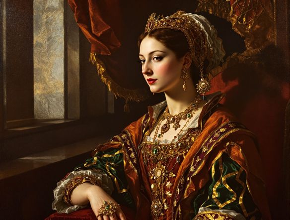 A noble Venetian woman in opulent 16th-century attire, painted in the dramatic chiaroscuro and rich color palette characteristic of Titian, high Renaissance Venice art.