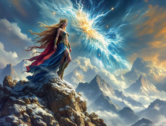 A majestic Norse goddess, Odin's daughter, with a crown of stars and a storm in her eyes, standing on a mountain peak, fantasy goddess art.