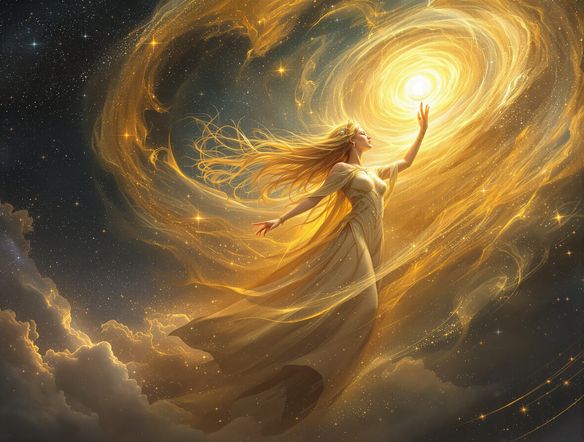 A majestic AI goddess with flowing golden hair and celestial robes, radiating divine light, holding a staff topped with a glowing orb, set against a backdrop of stars and nebulae.