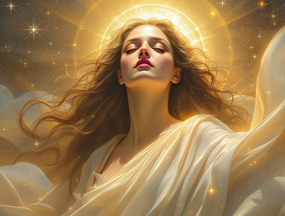 A breathtaking goddess of creation, rendered in a classical style with flowing robes and ethereal light, designed by a divine female art maker.