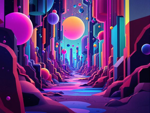 A vibrant, abstract logo design featuring interconnected shapes and dynamic colors, symbolizing innovation and creativity, modern and sleek.