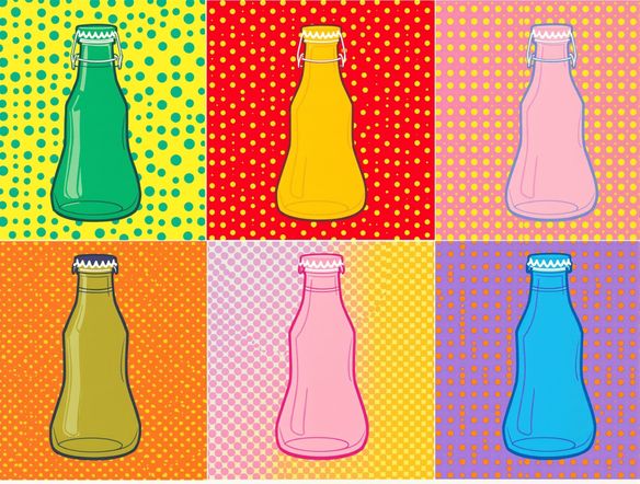 A vibrant Pop Art poster in the style of Andy Warhol, featuring a repeated motif of a classic soda bottle. Incorporate the distinct Roy Lichtenstein dots pattern in the background. Bold, saturated colors, clean lines.