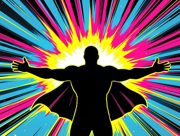 A dynamic Pop Art poster with a comic book style, featuring a superhero silhouette against a bursting starburst background. Use Ben-Day dots and thick black outlines. Energetic color palette, digital Pop Art design.