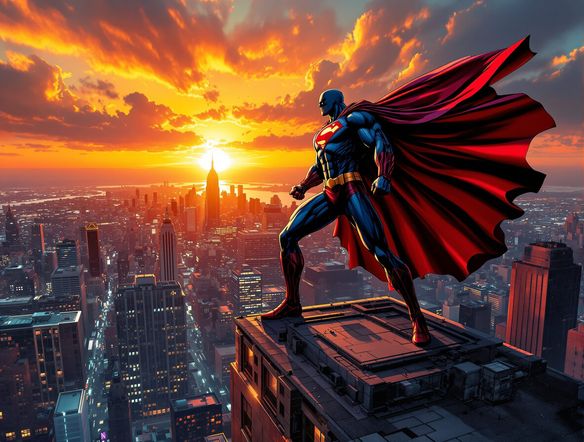A powerful superhero striking a heroic pose on a rooftop at sunset, dramatic lighting, intense action, graphic novel art generator, superhero comic illustration.