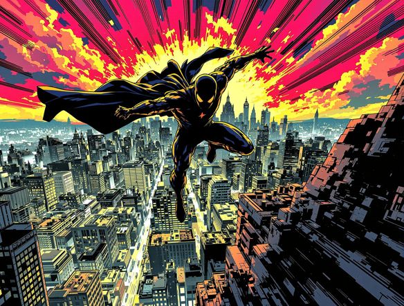 A dynamic comic book panel showing a determined hero mid-leap, city skyline in the background, vibrant colors, bold outlines, comic style AI, digital comic drawing tool.
