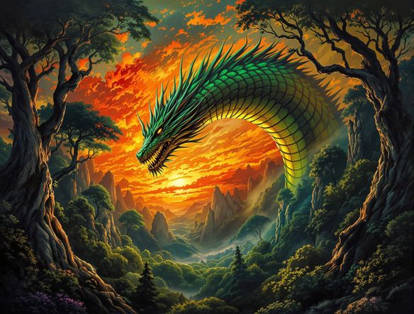 Epic fantasy landscape with a colossal, ancient dragon soaring over a mystical forest, rendered in a painterly style with dramatic lighting.