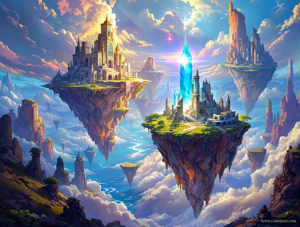 A breathtaking fantasy landscape with floating islands, ancient ruins, and a radiant magical crystal, digital painting, vibrant colors, epic scale, concept art.
