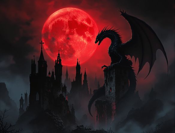 A menacing dragon perched atop a crumbling gothic castle, silhouetted against a blood-red moon, dark fantasy art, atmospheric lighting, detailed scales, eerie mist.