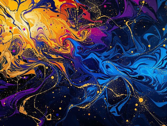Abstract swirling colors of vibrant blues, purples, and golds, coalescing into intricate patterns, symbolizing digital creation and artistic flow.