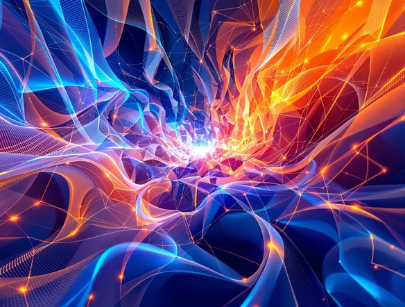 An intricate, mesmerizing abstract generative design featuring geometric patterns that morph and flow, rendered in vibrant, contrasting colors, symbolizing the beauty of algorithmic art online.