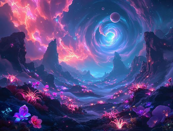 A surreal, dreamlike landscape composed of swirling nebulae and bioluminescent flora, rendered with the intricate detail of a neural network art generator, showcasing the best generative art tool in action.